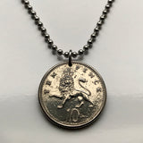 1992 United Kingdom England 10 Pence coin pendant necklace jewelry English lion London Manchester Birmingham Sheffield Liverpool Leeds Newcastle Reading Portsmouth Norwich Essex Kent Great Britain n001673