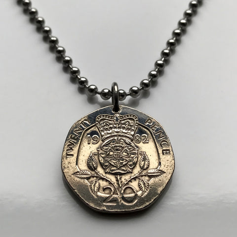 1982 England United Kingdom Great Britain 20 Pence coin pendant English Tudor Rose Lancaster York Somerset Bath Taunton War of the Roses British jewelry London Manchester Sheffield Liverpool Newcastle Leeds n000054