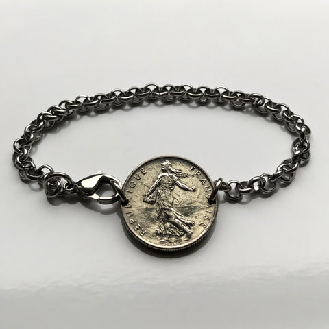 1965 France 1/2 Franc coin rolo link bracelet jewelry La Semeuse the Sower & Seed French jewelry Paris Marseilles Lyon Toulouse Mont Saint-Michel Nice Strasbourg Bordeaux Versailles Havre Rennes Reims Toulon Versailles Louvre Carcassonne Dijon b000033