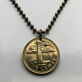 1973 Barbados 5 Cents coin pendant Barbadian jewelry Bajan South Point Lighthouse Bridgetown Broken Trident dolphin fish pelican beach Lesser Antilles drietand Caribbees West Indies Crop Over Festival Errol Barrow Grand Kadooment Day Bimshire n000099