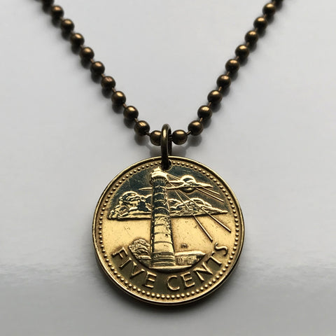 1973 Barbados 5 Cents coin pendant Barbadian jewelry Bajan South Point Lighthouse Bridgetown Broken Trident dolphin fish pelican beach Lesser Antilles drietand Caribbees West Indies Crop Over Festival Errol Barrow Grand Kadooment Day Bimshire n000099