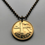 1973 Barbados 5 Cents coin pendant Barbadian jewelry Bajan South Point Lighthouse Bridgetown Broken Trident dolphin fish pelican beach Lesser Antilles drietand Caribbees West Indies Crop Over Festival Errol Barrow Grand Kadooment Day Bimshire n000099