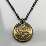 1973 Barbados 5 Cents coin pendant Barbadian jewelry Bajan South Point Lighthouse Bridgetown Broken Trident dolphin fish pelican beach Lesser Antilles drietand Caribbees West Indies Crop Over Festival Errol Barrow Grand Kadooment Day Bimshire n000099