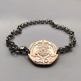 1987 United Kingdom Great Britain 20 Pence coin bracelet Tudor Rose English crown England London Manchester Bristol Sheffield Newcastle Wales Ireland Irish Lancaster Leeds Southampton  b000046