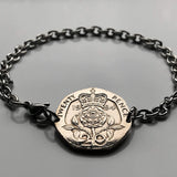 1987 United Kingdom Great Britain 20 Pence coin bracelet Tudor Rose English crown England London Manchester Bristol Sheffield Newcastle Wales Ireland Irish Lancaster Leeds Southampton  b000046