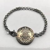 1987 United Kingdom Great Britain 20 Pence coin bracelet Tudor Rose English crown England London Manchester Bristol Sheffield Newcastle Wales Ireland Irish Lancaster Leeds Southampton  b000046