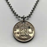 1948 United Kingdom Great Britain 6 Pence coin pendant initial G R King George VI British London England Scotland Wales Ireland Belfast Edinburgh Birmingham Cardiff Sheffield Liverpool Glasgow Newcastle n000615