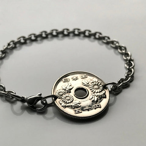 Japan Nippon 50 Yen Japanese coin bracelet jewelry Chrysanthemum flower Tokyo Osaka  Kobe Kyoto Yokohama Sendai Nagoya Sapporo Okinawa Chiba Kawasaki Fukuoka Kanji Hiroshima Shibuya mums b000053