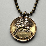 1944 Ethiopia 5 Santeem coin pendant Lion of Judah Haile Selassie Rasta Jewish tribe Ras Gondar Mek'ele Oromia Zion Jamaica Axum Dan horn of Africa Abyssinian lion Amharas Solomonic Addis Ababa Adama Rastafari Israelite Emblem of Jerusalem n000900