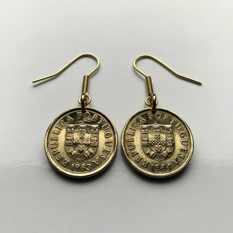 1982 Portugal Escudo Portuguese coin earrings Quinas castle Lisbon Porto Braga Faro Sintra Coimbra Aveiro Guimarães Évora Leiria Santarém Alcobaça Lagoa Belém Lagos Fatima Ourique Funchal Ponta Delgada Setúbal Beja Vila Nova de Gaia Algarve Almada e000395