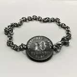 1921 Germany Deutschland 10 Pfennig coin bracelet German black eagle Berlin Hamburg Munich Cologne Frankfurt Stuttgart Düsseldorf Leipzig Dortmund Essen Bremen Dresden Hanover Nuremberg b000038