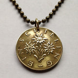 Austria Österreich 1 Schilling coin pendant necklace jewelry Edelweiss flower Vienna Alpine plant daisy sunflower Salzburg Graz Linz Innsbruck Klagenfurt Villach Tyrol Styria Carinthia Sankt Pölten Wels n000443