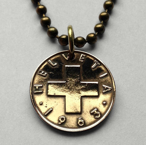 1955 Switzerland Helvetia 1 Rappen coin pendant necklace jewelry Swiss cross Zurich Bern Geneva Basel Lausanne Winterthur Lucern Lugano Vaud Aargau Biel Bienne Thun Fribourg Schaffhausen St Gallen Alpine Swiss Alps n001459