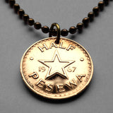 1967 Ghana 1/2 Pesewa coin pendant necklace jewelry Akan Adowa Bush drums Accra Black Star of Africa Kumasi Gold Coast Tamale Takoradi Atsiaman Asante Ashanti Dagomba Volta Mole-Dagbon Cape Coast Osu Wa Ewe Ga West African n000086