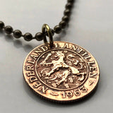 1954 Netherlands Antilles coin pendant Dutch lion Aruba Curacao Leeward Antilles Bonaire Saba Sint Eustatius Sint Maarten Willemstad Oranjestad Kralendijk The Bottom Philipsburg Papiamentu Grote Knip Baya Cas Abao Mambo Beach Playa Porto Marie n000448