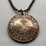 1923 British Hong Kong China 1 Cent coin pendant necklace Pearl of the Orient lion Victoria Harbor Sham Shui Po Yau Tsim Mong Kwai Tsing Tai Po Sha Tin Chinese Pearl River Delta Kwun Tong Yuen Long Kwai n002626