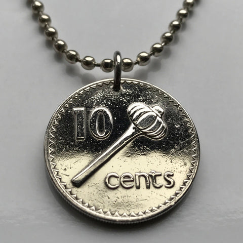 1981 Fiji 10 Cents coin pendant necklace jewelry throwing club ula tava tava Suva Ba Coral Coast South Pacific Polynesian UK British necklace n002281