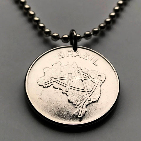 1982 Brazil Brasil 10 Cruzeiros coin pendant Brazilian main road map São Paulo Recife Pernambuco Bahia Minas Gerais Pelourinho Santa Catarina Belem n001116