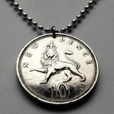 1970 United Kingdom Great Britain England 10 Pence coin pendant necklace jewelry English lion London Manchester Liverpool British royal emblem n000583