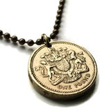 1983 United Kingdom Great Britain 1 Pound coin pendant British arms golden lion unicorn London Scotland Ireland England Wales Scottish n001683