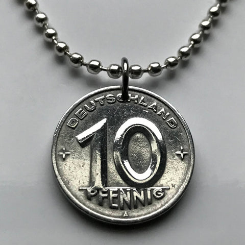 1949 GDR East Germany 10 Pfennig Deutschland coin pendant necklace jewelry Berlin wall Leipzig Dresden Ampelmann Meck-Pomm Chemnitz Magdeburg Rostock Halle Erfurt Potsdam Schwerin Soviet socialist communist n002448