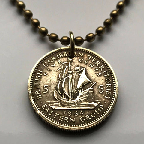 1965 British East Caribbean States Lesser Antilles 5 Cent coin pendant necklace jewelry Golden Hind Antigua Barbuda Dominica Grenada Saint Lucia Saint Vincent Grenadines Saint Kitts Nevis Anguilla Montserrat Martinique Trinidad Barbados n000082