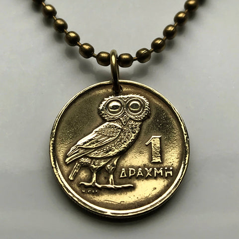 1973 Greece Hellas 1 Drachma coin pendant Greek little owl Athens Thessaloniki Patras Mykonos Sparta Rhodes Larissa Santorini Corfu Crete goddess Athena Ioannina Hellenic Acropolis Parthenon n000716