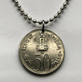 1964 India 50 Paise coin pendant Sarnath Lion Capital Ashoka Pillar Bombay Dharma Pune Bangalore Varanasi Ganges Punjabi Hindi Hindu n002129