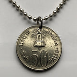 1964 India 50 Paise coin pendant Sarnath Lion Capital Ashoka Pillar Bombay Dharma Pune Bangalore Varanasi Ganges Punjabi Hindi Hindu n002129