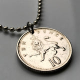 1992 United Kingdom England 10 Pence coin pendant necklace jewelry English lion London Manchester Birmingham Sheffield Liverpool Leeds Newcastle Reading Portsmouth Norwich Essex Kent Great Britain n001673