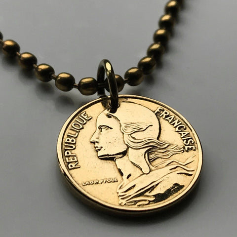 1996 France 5 Centimes coin pendant necklace French jewelry Marianne Paris Marseille Lyon Toulouse Bordeaux Lille Nice Rennes Reims Nantes Le Havre Toulon Dijon Strasbourg Seine Saint-Etienne Normandy n002126