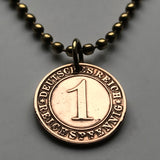 1924 to 1936 Germany 1 Reichspfennig coin pendant Berlin Hamburg Munich Koeln Duisburg Deutschland Bavaria Wandsbek Karlsruhe Oktoberfest World War 2 era WWII n000113
