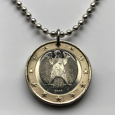 2002 Germany 1 Euro coin pendant German black eagle Berlin Hamburg Munich Cologne Frankfurt Stuttgart Leipzig Dortmund Essen Bremen Dresden Hanover Nuremberg Bonn Brandenburg Düsseldorf Bavaria Rothenburg Heidelberg Hesse Saxony Rhine Westphalia n000826