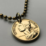 1996 France 5 Centimes coin pendant necklace French jewelry Marianne Paris Marseille Lyon Toulouse Bordeaux Lille Nice Rennes Reims Nantes Le Havre Toulon Dijon Strasbourg Seine Saint-Etienne Normandy n002126
