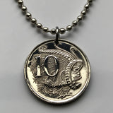 1983 Australia 10 Cents coin pendant necklace Aussie Superb Lyrebird song bird Sydney Melbourne Brisbane Perth Canberra Queensland Victoria colorful plumes tail feathers endemic courtship n000150