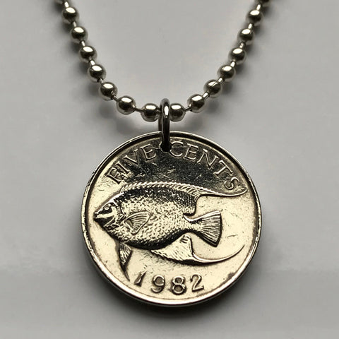 1970 Bermuda 5 Cents coin pendant Bermudian Queen angelfish sea beach caribbean island vacation British West Indies necklace n001266