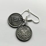 Germany Deutschland 5 Pfennig Iron coin earrings jewelry World War 1 era black German eagle Berlin Hamburg Munich Cologne Frankfurt Stuttgart Düsseldorf Dortmund Bavaria Rothenburg Leipzig Bremen Dresden e000071