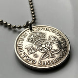 1948 United Kingdom Great Britain 2 Shillings coin pendant necklace jewelry English Tudor rose Scottish thistle Irish shamrock Welsh leek England London Scotland Edinburgh Wales Cardiff Northern Ireland Belfast Manchester n001986