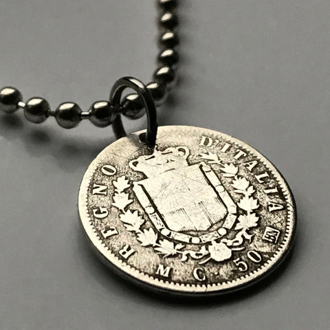 antique! 1863 Italy 50 Centesimi silver coin pendant Italian Savoy shield Mediterranean Bologna Milan Naples Vittorio Emanuele II n002920