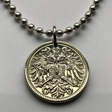 1915 Austria Osterreich 10 Heller coin pendant World War I era Austrian double headed eagle Habsburg Vienna Salzburg Linz Innsbruck Graz Wels Sankt Polten Solden Vorarlberg Zell am See Gmunden Ischgl Tyrol Villach Carinthia Styria Klagenfurt n000973