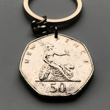 1970 United Kingdom Great Britain 50 Pence coin pendant keychain British lion Britannia Queen Elizabeth London England Scotland Wales Northern Ireland Belfast Edinburgh Birmingham Cardiff Sheffield Liverpool Glasgow Leeds Swansea Newcastle York n002389