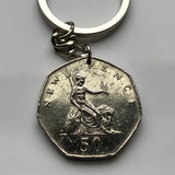 1970 United Kingdom Great Britain 50 Pence coin pendant keychain British lion Britannia Queen Elizabeth London England Scotland Wales Northern Ireland Belfast Edinburgh Birmingham Cardiff Sheffield Liverpool Glasgow Leeds Swansea Newcastle York n002389