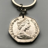 1970 United Kingdom Great Britain 50 Pence coin pendant keychain British lion Britannia Queen Elizabeth London England Scotland Wales Northern Ireland Belfast Edinburgh Birmingham Cardiff Sheffield Liverpool Glasgow Leeds Swansea Newcastle York n002389