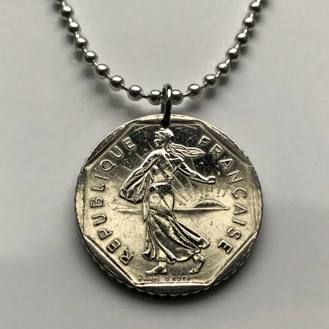 1981 France 2 Francs coin pendant necklace jewelry La Semeuse the Sower & seed French jewelry Paris Marseilles Lyon	Toulouse Mont Saint-Michel Nice Strasbourg Bordeaux Versailles Le Havre Rennes Reims Toulon n000369