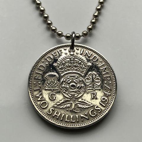 1948 United Kingdom Great Britain 2 Shillings coin pendant necklace jewelry English Tudor rose Scottish thistle Irish shamrock Welsh leek England London Scotland Edinburgh Wales Cardiff Northern Ireland Belfast Manchester n001986