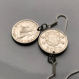 Portugal 2-1/2 Escudos coin earrings Portuguese caravela ship Lisbon Porto Braga Sintra Faro galleon Quinas castles Mirandese Ourique e000088