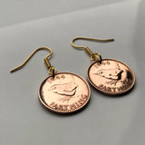 1945 United Kingdom Great Britain 1 Farthing Wren Jenny bird coin earrings London Leicester Coventry Cardiff Belfast English British WWII World War 2 e000001