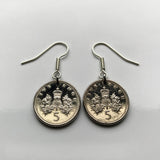 Scotland United Kingdom UK 5 Pence coin earrings crowned Scottish thistle Edinburgh Glasgow Aberdeen Dundee Paisley Stirling St Andrews Perth royal badge Scots jewelry British e000024