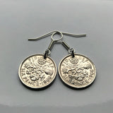 United Kingdom Great Britain 6 Pence coin earrings wedding bride Tudor rose thistle shamrock leek London Manchester Edinburgh Liverpool Cardiff Belfast English Welsh Scottish Irish bridesmaid British e000011