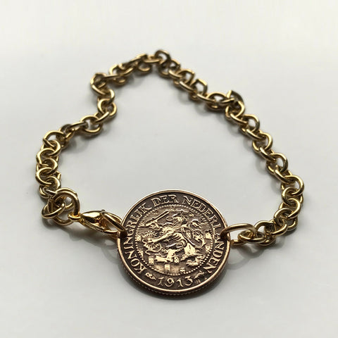 Netherlands 1 Cent coin chain bracelet Dutch lion Amsterdam Utrecht Nederland Groningen Almere Stad Breda Nijmegen Gouda Delft b000037_inactive